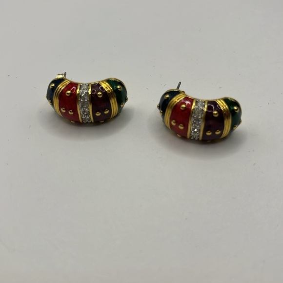 Joan Rivers Gold Tone Blue Red Maroon Green Enamel Pierced Earrings Rhinestones - Picture 6 of 8